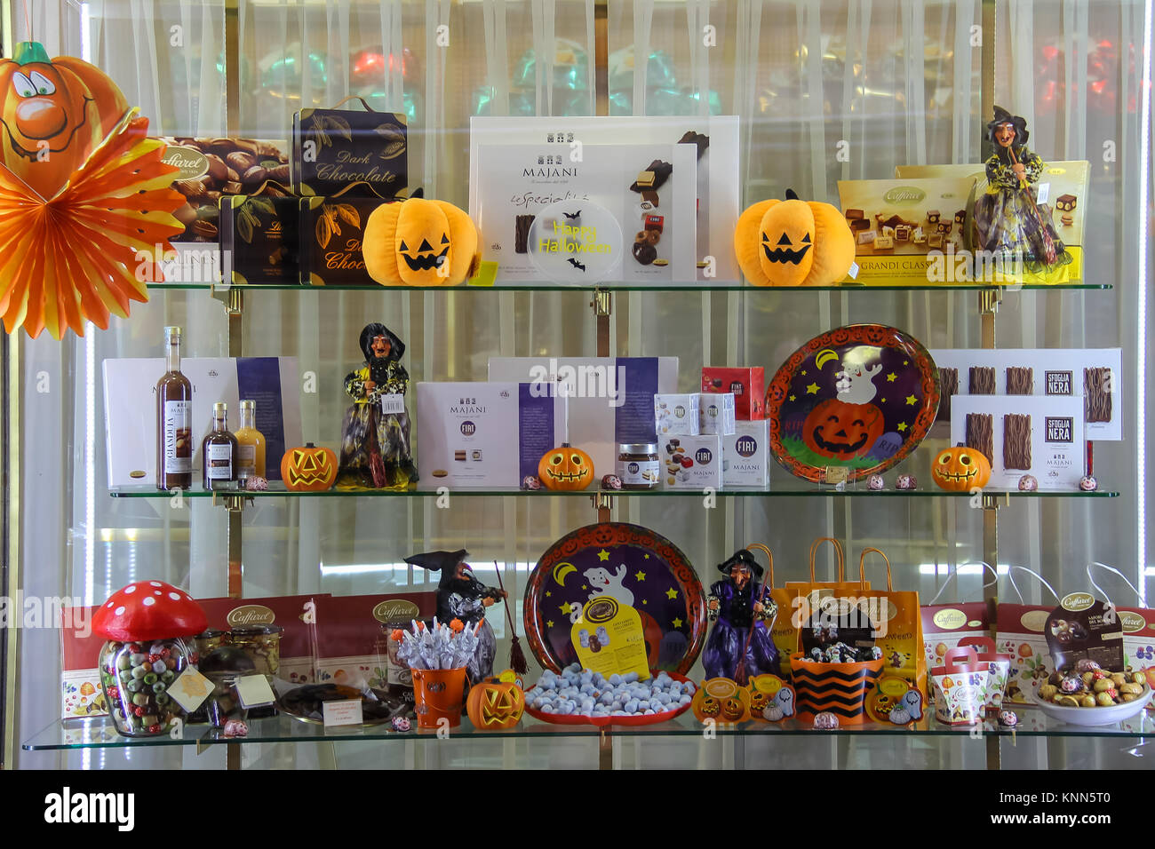 Vignola, Italy - October 30, 2016: Original shop window with sweets in style of Halloween. Emilia-Romagna, Modena Stock Photo