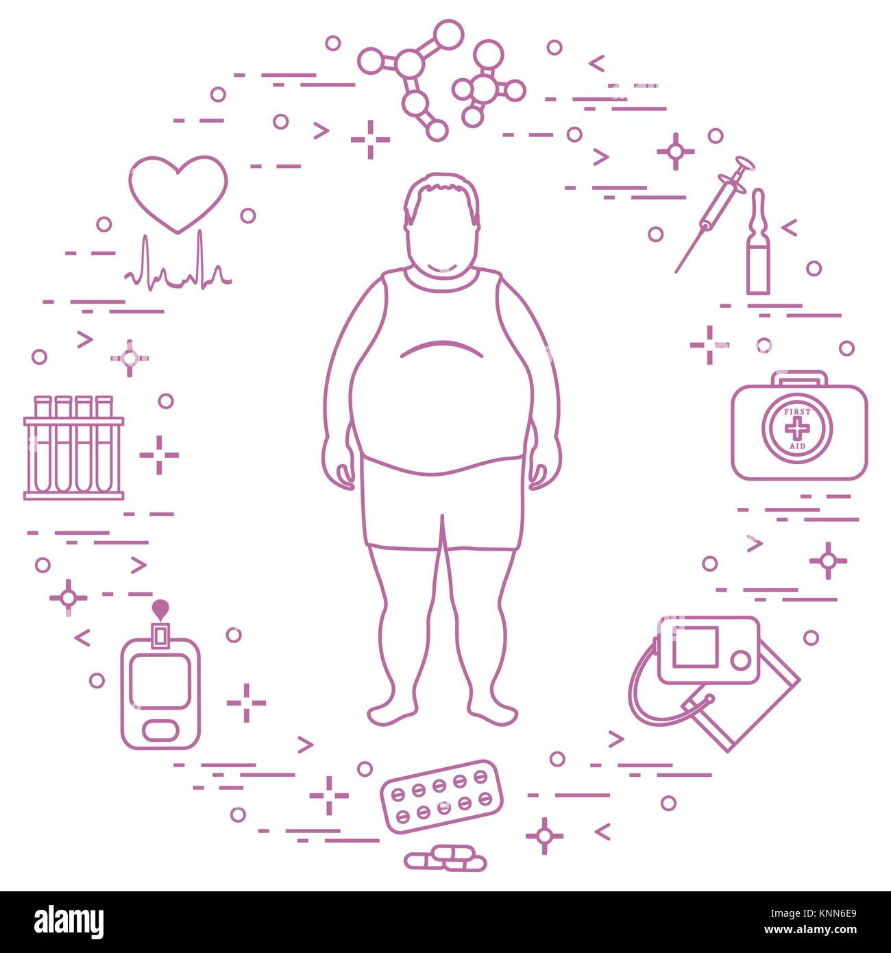 Fat Man With Medical Devices Tools And Drugs Around Him Health