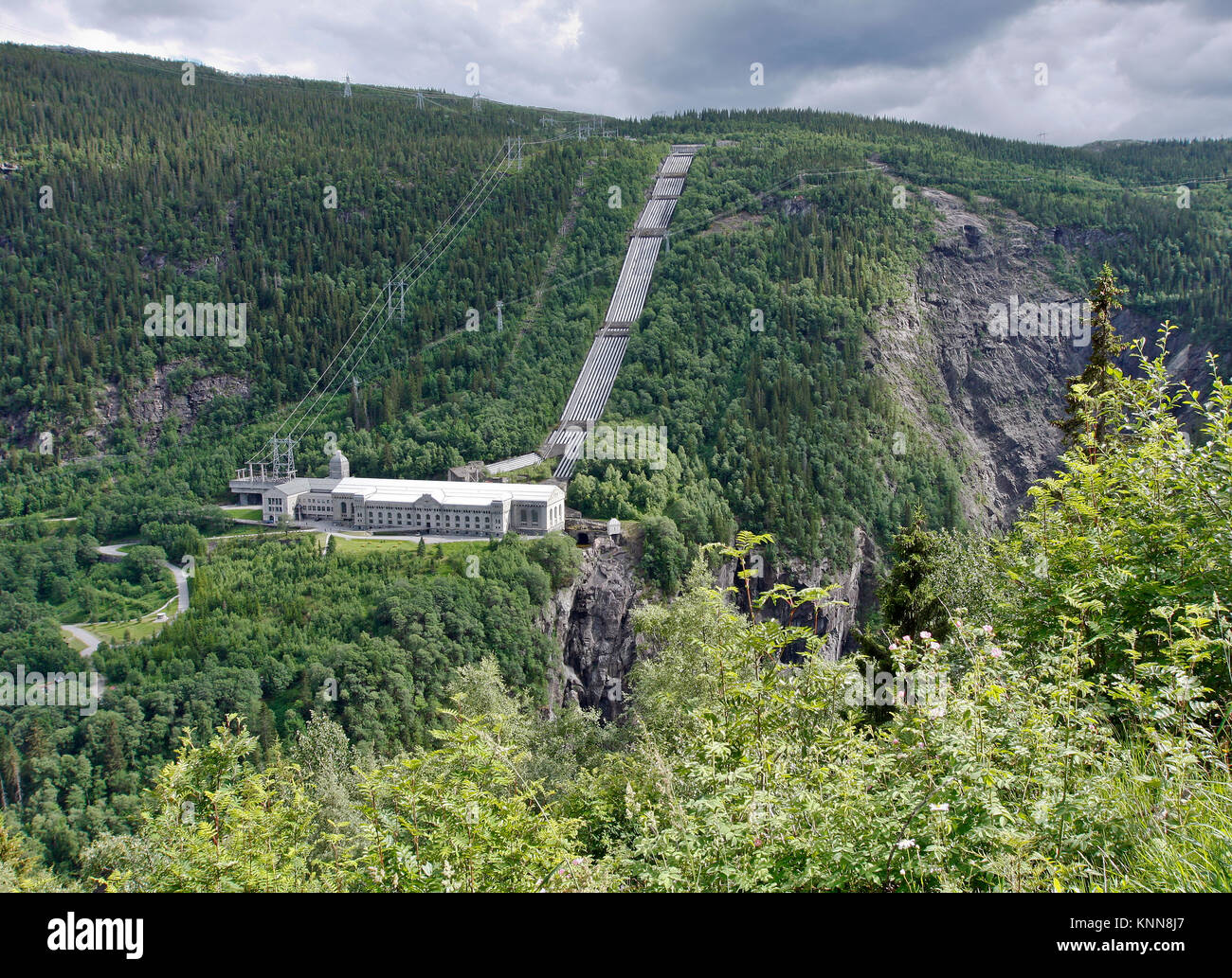 The Vemork Hydroelectric Power Plant in Rjukan, Norway seen from above. First plant to mass-produce heavy water. Museum today. Stock Photo