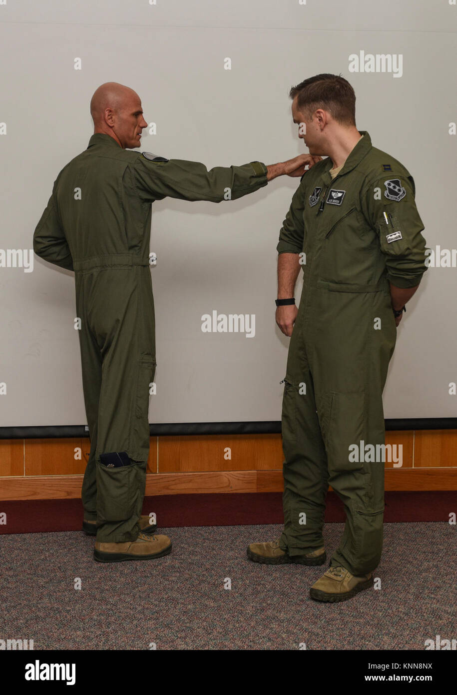 U.S. Air Force Lt. Col. Erick Lord, 9th Bomb Squadron commander, left
