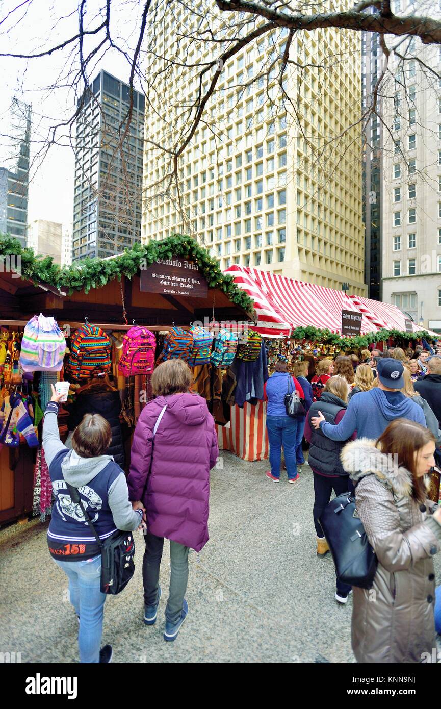 Chicago, Illinois, USA. The Christkindlmarket features European and international vendors who display hand-crafted ornaments, toys and gifts. Stock Photo