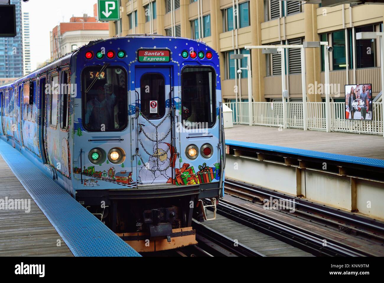 The CTA in Chicago operates special holiday trains in advance of Christmas annually over its entire system. Chicago, Illinois, USA. Stock Photo