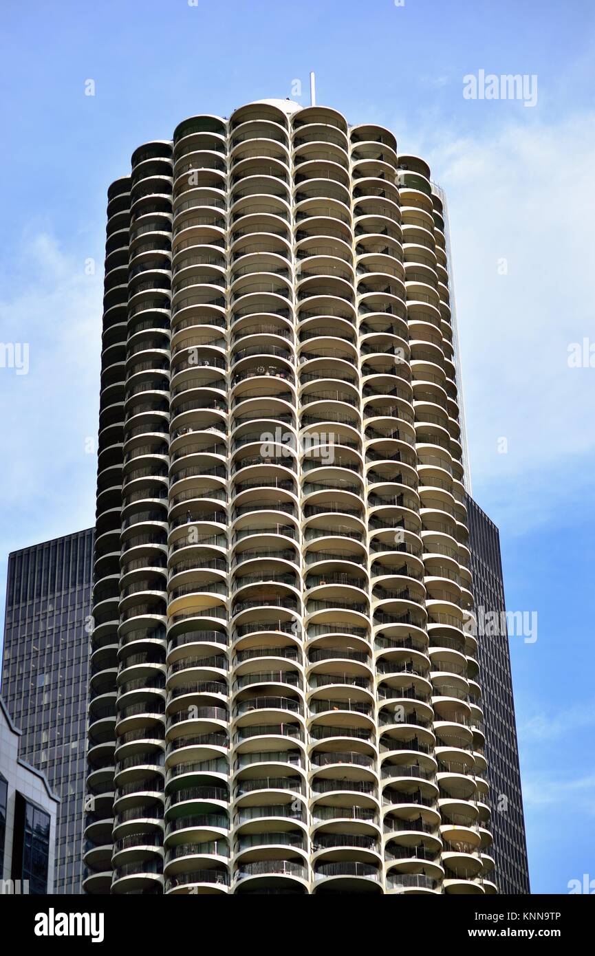One of the two unique corn cob-styled towers of Marina City. The towers were completed in 1968 along the Chicago River. Chicago, Illinois, USA. Stock Photo