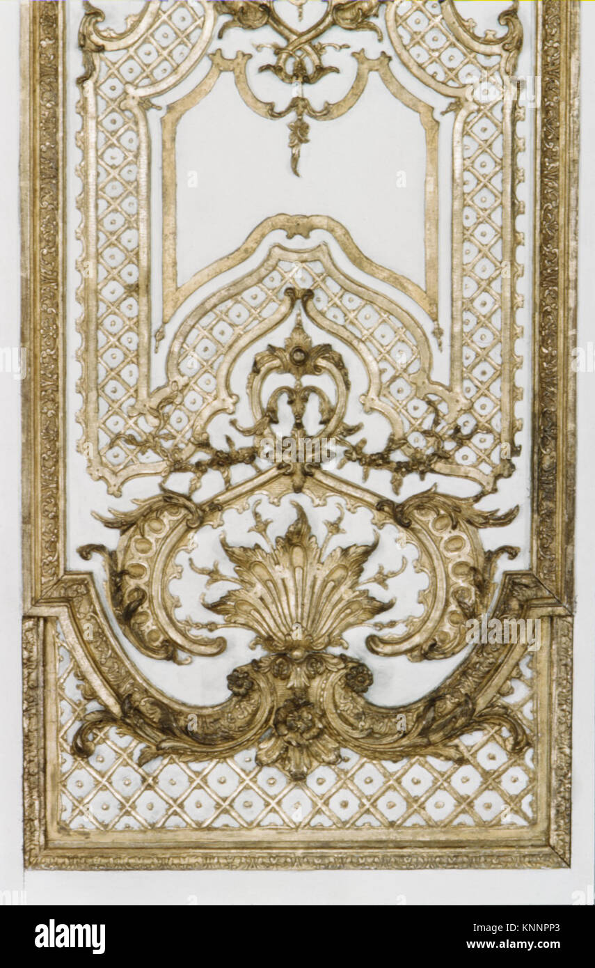Double door- four panels, two pilasters, three gilt moldings for the door frame MET ES7662 Double door- four panels, two pilasters, three gilt moldings for the door frame MET ES7662 /189702 French, Double door: four panels, two pilasters, three gilt moldings for the door frame, ca. 1715, Carved, painted and gilded oak, a,b -  doors with their trim i,j,k: 106-1/4 x 53-1/2 in. (269.9 x 135.9 cm) c,e,f,h -  panels:  H. from 102 to 104-3/4 in. (259.1 to 266.1 cm); W. from 20-1/2 to 22 in. (52.1 to 55.9 cm) d - pilaster:  94-1/2 x 12 in. (240 x 30.5 cm) g - pilaster: 94-1/2 x 12-1/2 in. (240 x 31.8 Stock Photo