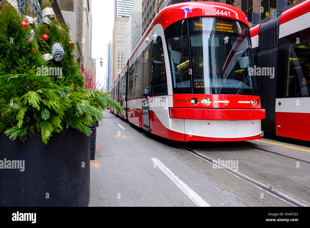 Toronto Transit Commission (TTC) Bombardier Flexity Outlook streetcar on King Street W, downtown Toronto, Canada. Stock Photo