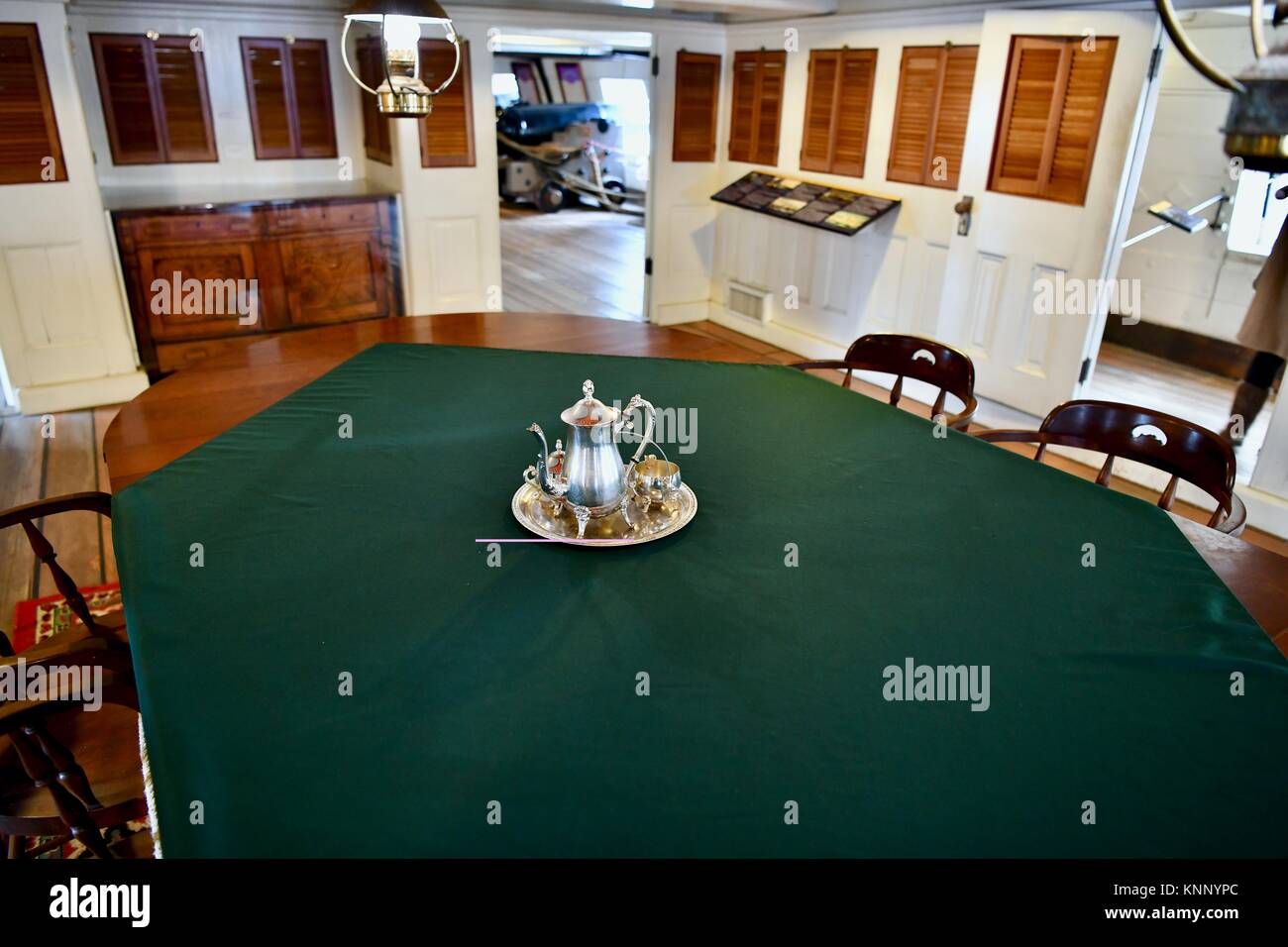 Historic USS Constellation navy ship dining room with dinnerware set