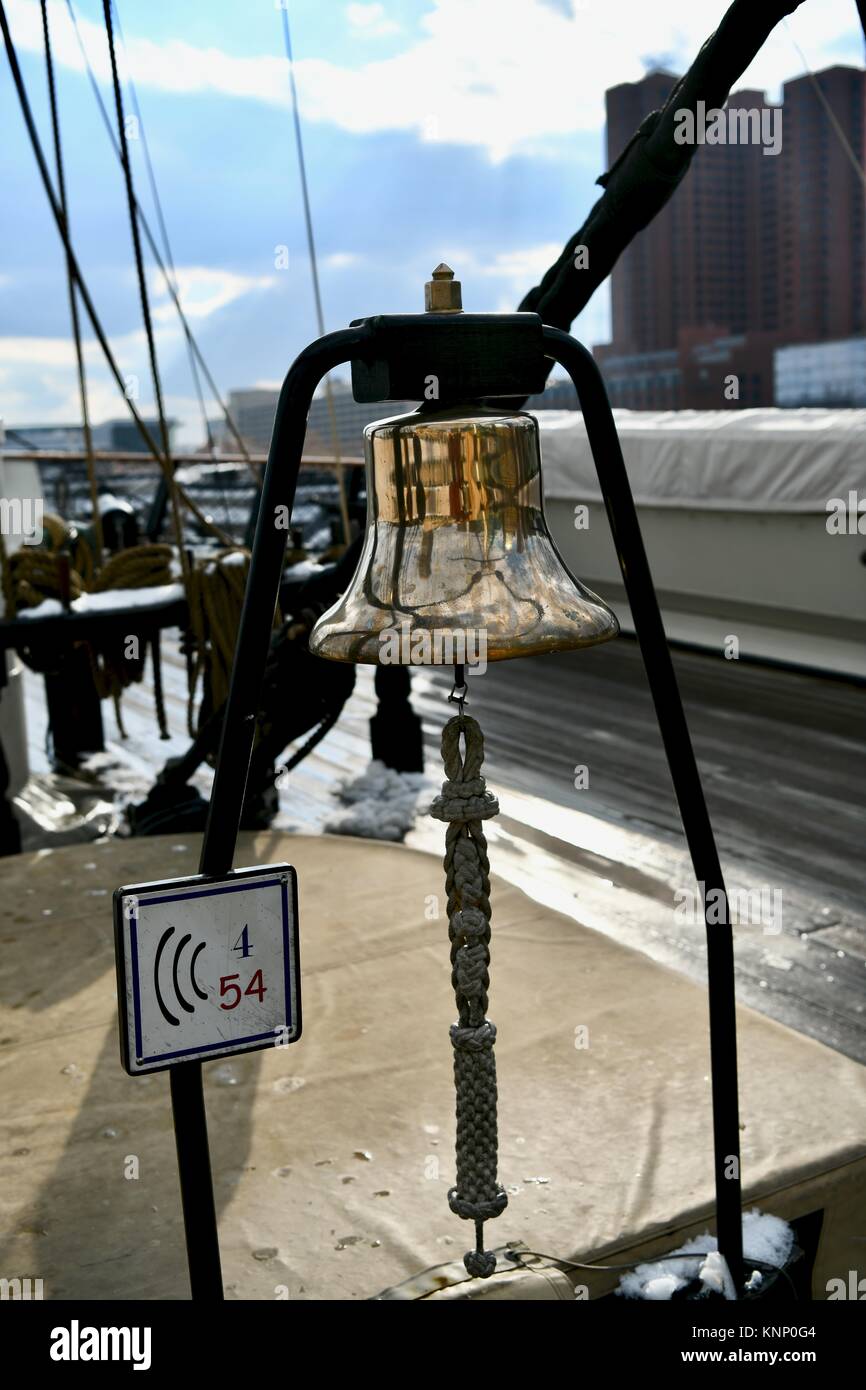 Historic USS Constellation navy ship bell, Baltimore, MD, USA Stock