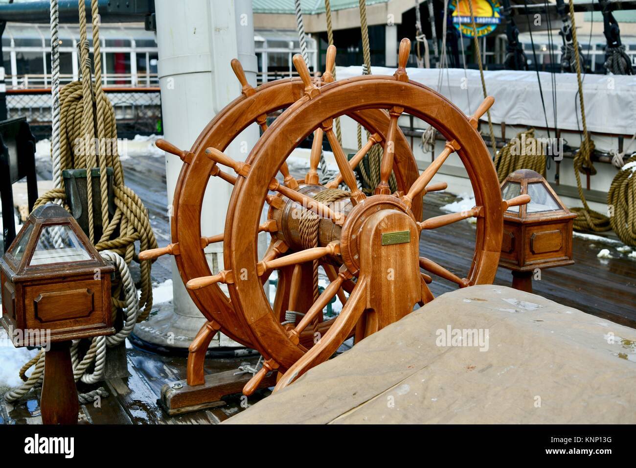 Historic USS Constellation navy ship wheel, Baltimore, MD, USA Stock ...