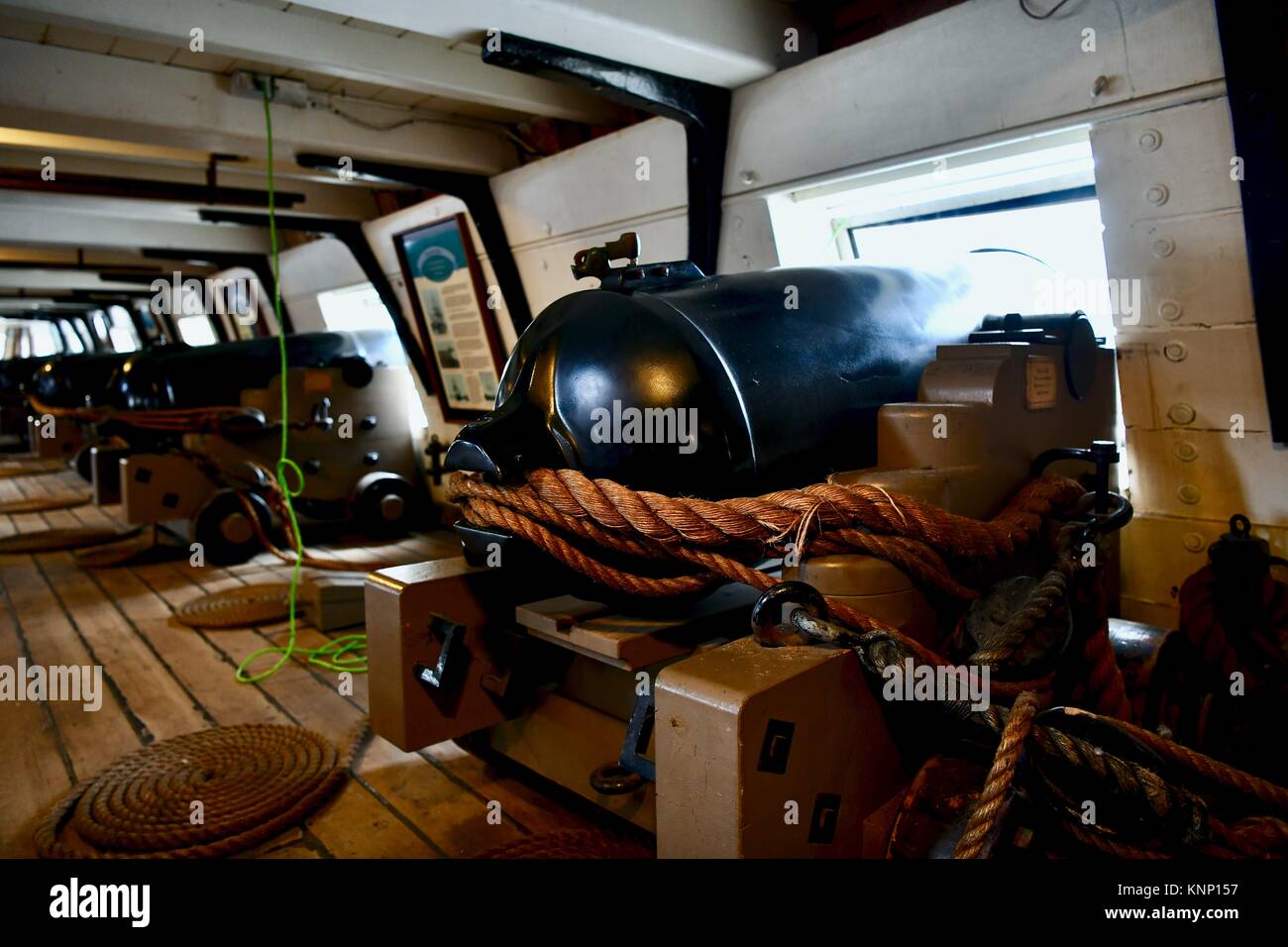 Historic USS Constellation navy ship cannons, Baltimore, MD, USA Stock Photo