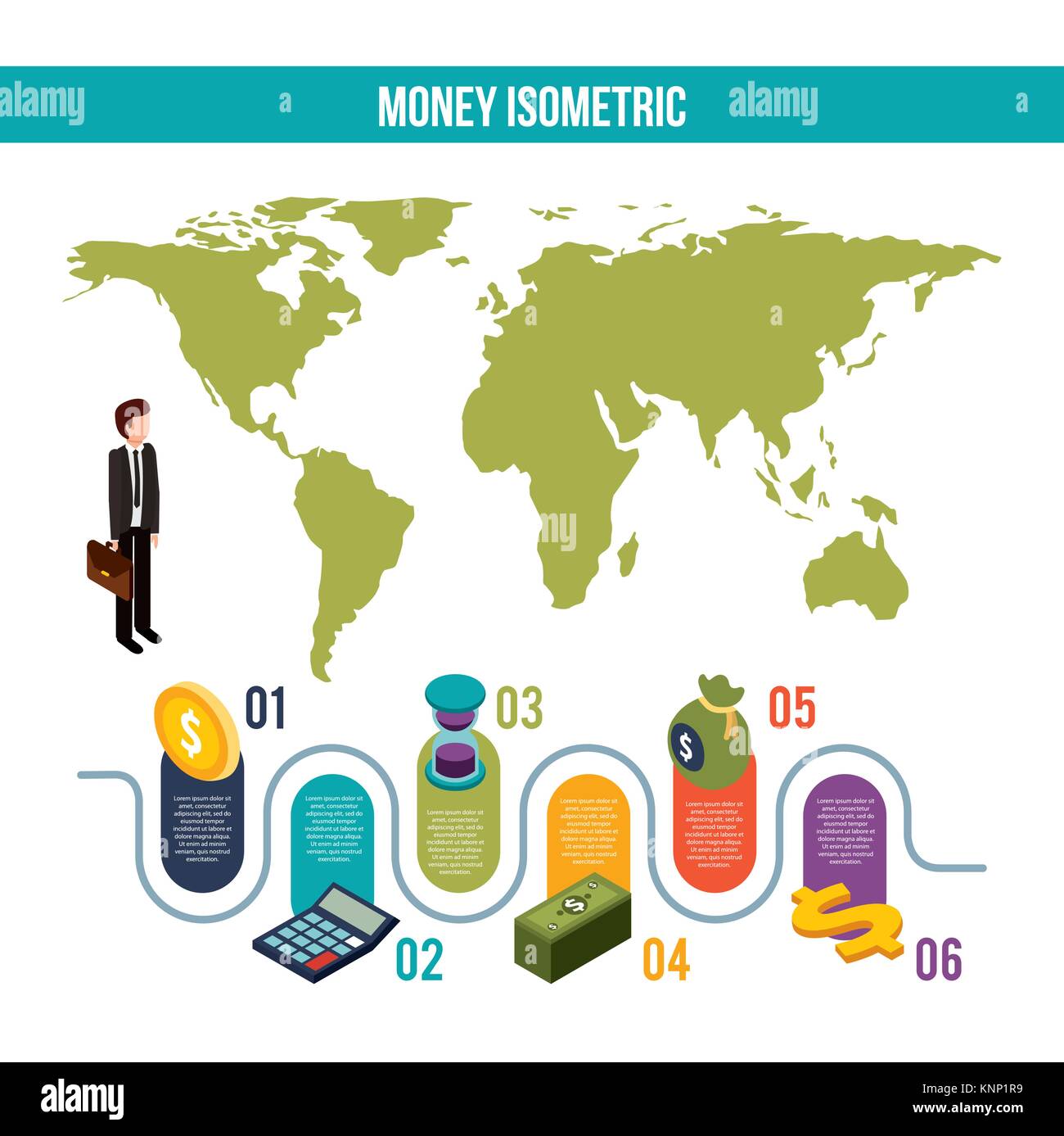 money isometric infographic businessman world map business steps commerce finance Stock Vector