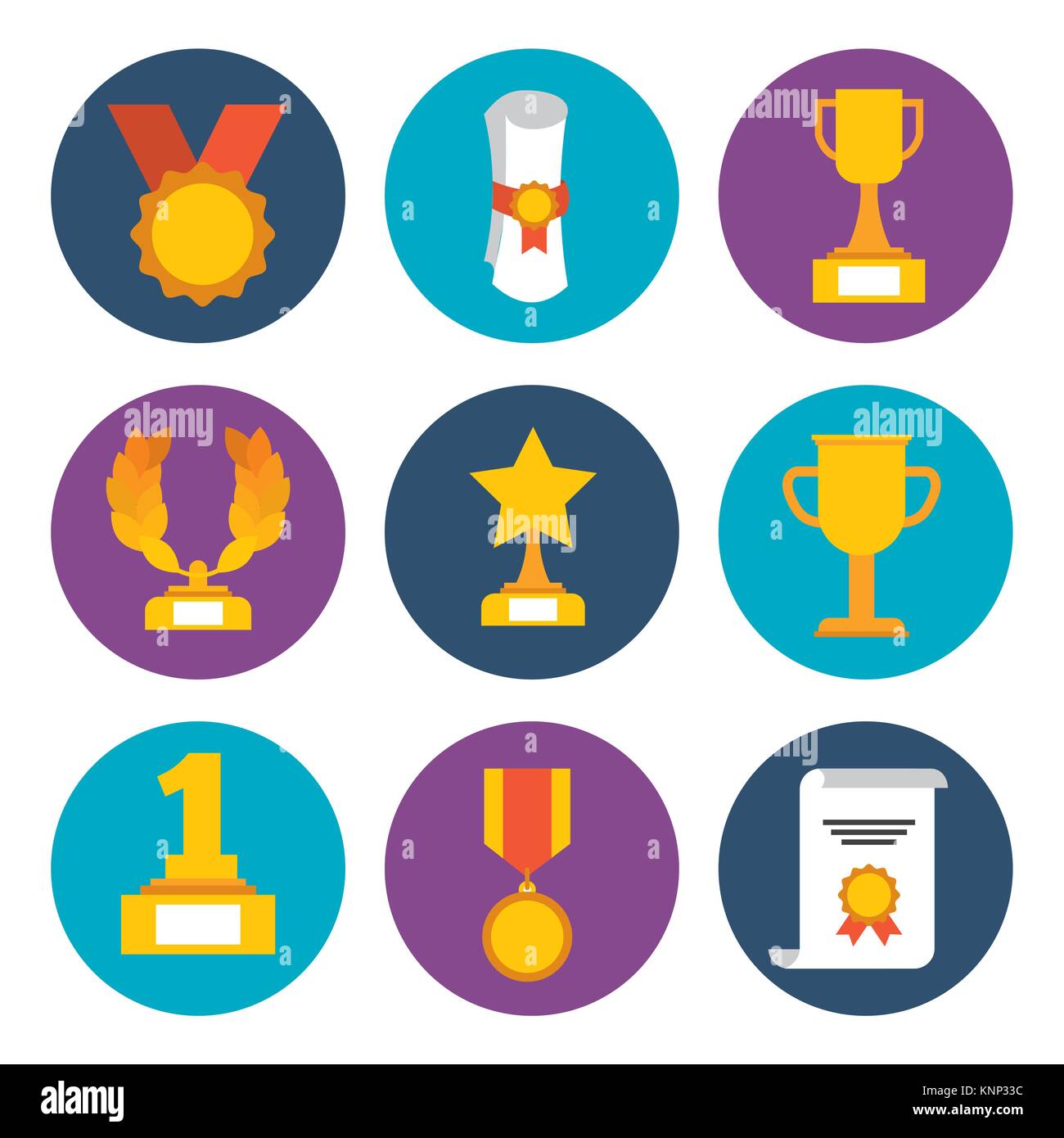 awards trophy medals and winning ribbon success icons symbols Stock