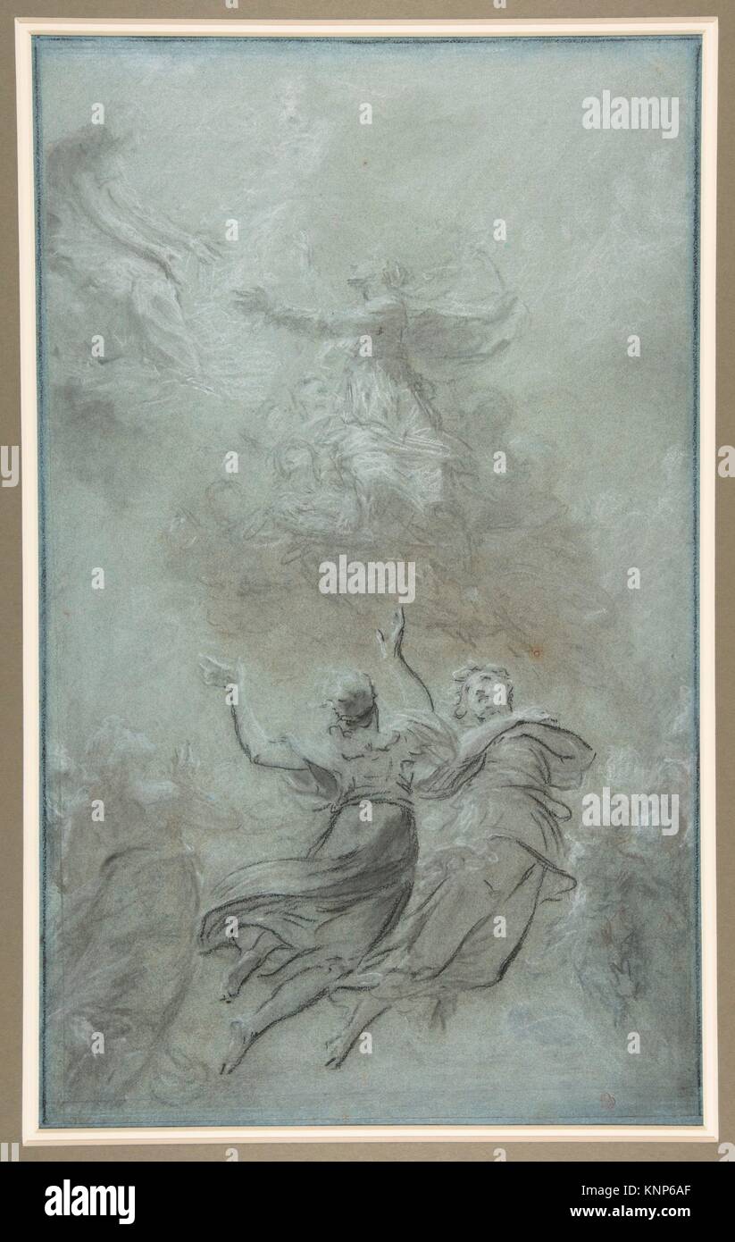 The Assumption of the Virgin. Artist: Pierre Paul Prud´hon (French, Cluny 1758-1823 Paris); Date: ca. 1816-19; Medium: Black and white chalk on blue Stock Photo