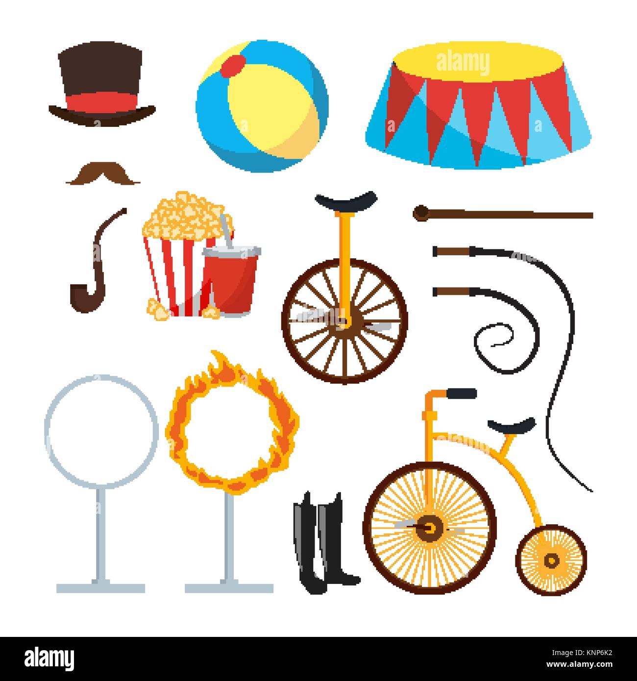 Circus Trainer Items Set Vector. Circus Accessories. Hat, Mustache, Ball, Podium, Stand, Whip, Tobacco, Popcorn, Soda, Bicycle, Fire Ring, Boots. Isolated Flat Cartoon Illustration Stock Vector