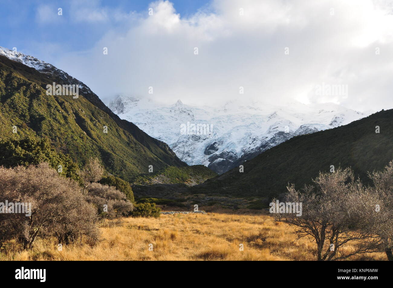 View on the glacier from the valley Stock Photo