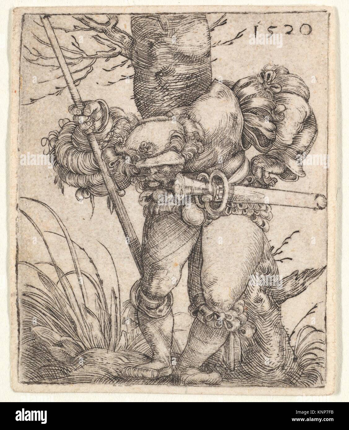 Bending Soldier Leaning against a Tree. Artist: Barthel Beham (German, Nuremberg ca. 1502-1540 Italy); Date: 1520; Medium: Engraving; Dimensions: Stock Photo