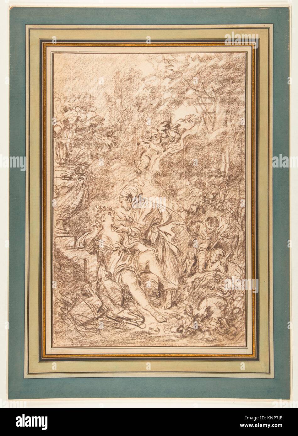 Vertumnus and Pomona. Artist: François Boucher (French, Paris 1703-1770 Paris); Medium: Brown chalk; Dimensions: 13 9/16 x 8 15/16 in. (34.5 x 22.7 Stock Photo