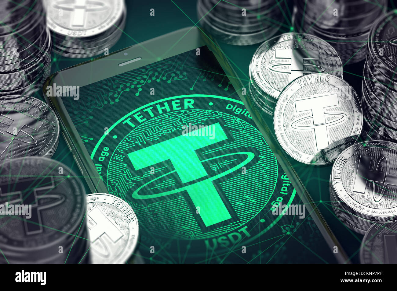 Smartphone with green Tether symbol on-screen among Tether coins ...