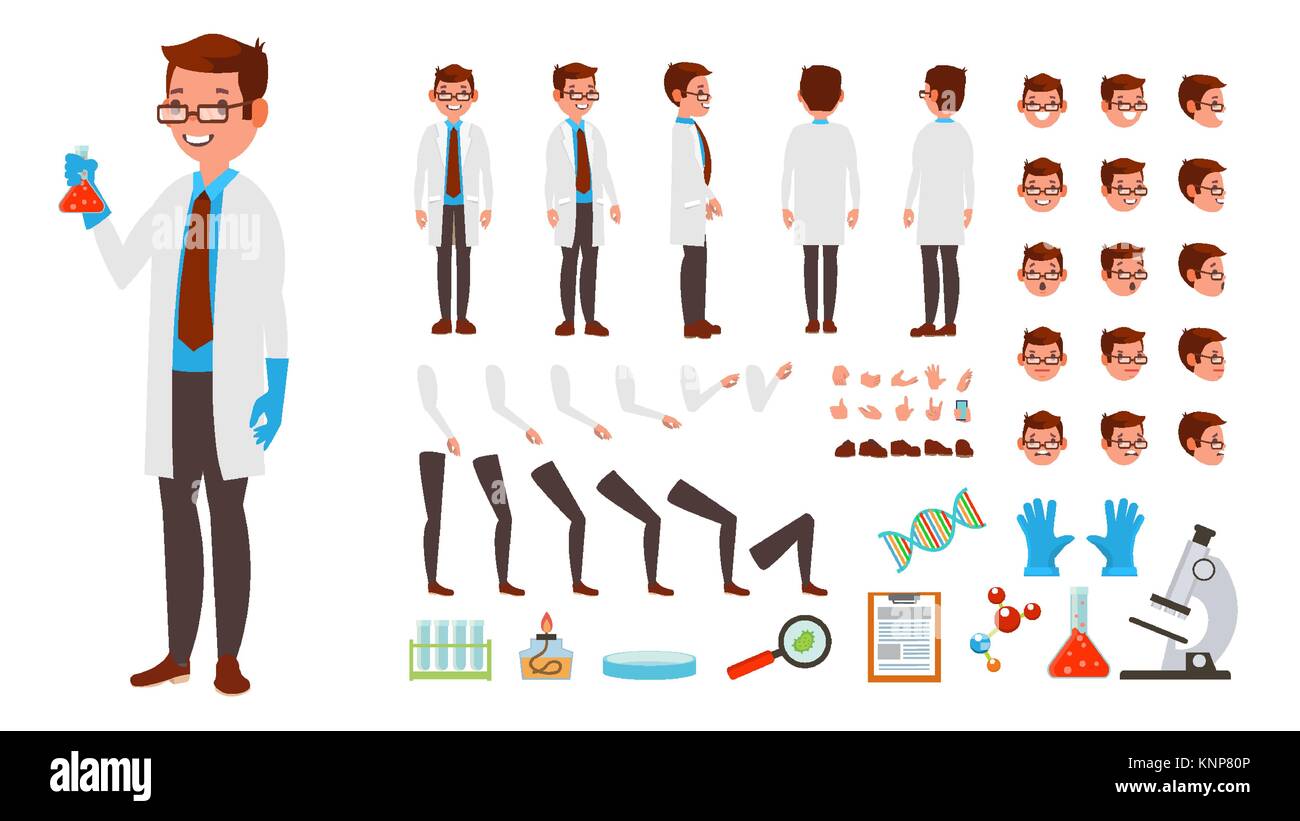 Scientist Man Vector. Animated Character Creation Set. Full Length, Front,  Side, Back View, Accessories, Poses, Face Emotions, Hairstyle, Gestures.  Isolated Flat Cartoon Illustration Stock Vector Image & Art - Alamy