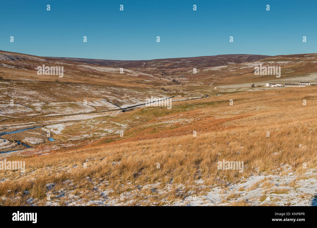 North Pennine landscape, Great Eggleshope beck and spoil heaps and remains of Wire Gill lead mine, Teesdale, in winter sunshine, with copy space Stock Photo