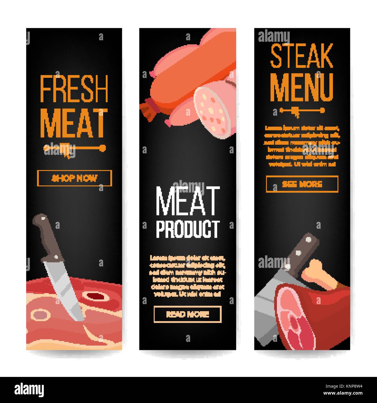 Meat Product Vertical Promo Banners Vector. For Grill Bar Promo Design