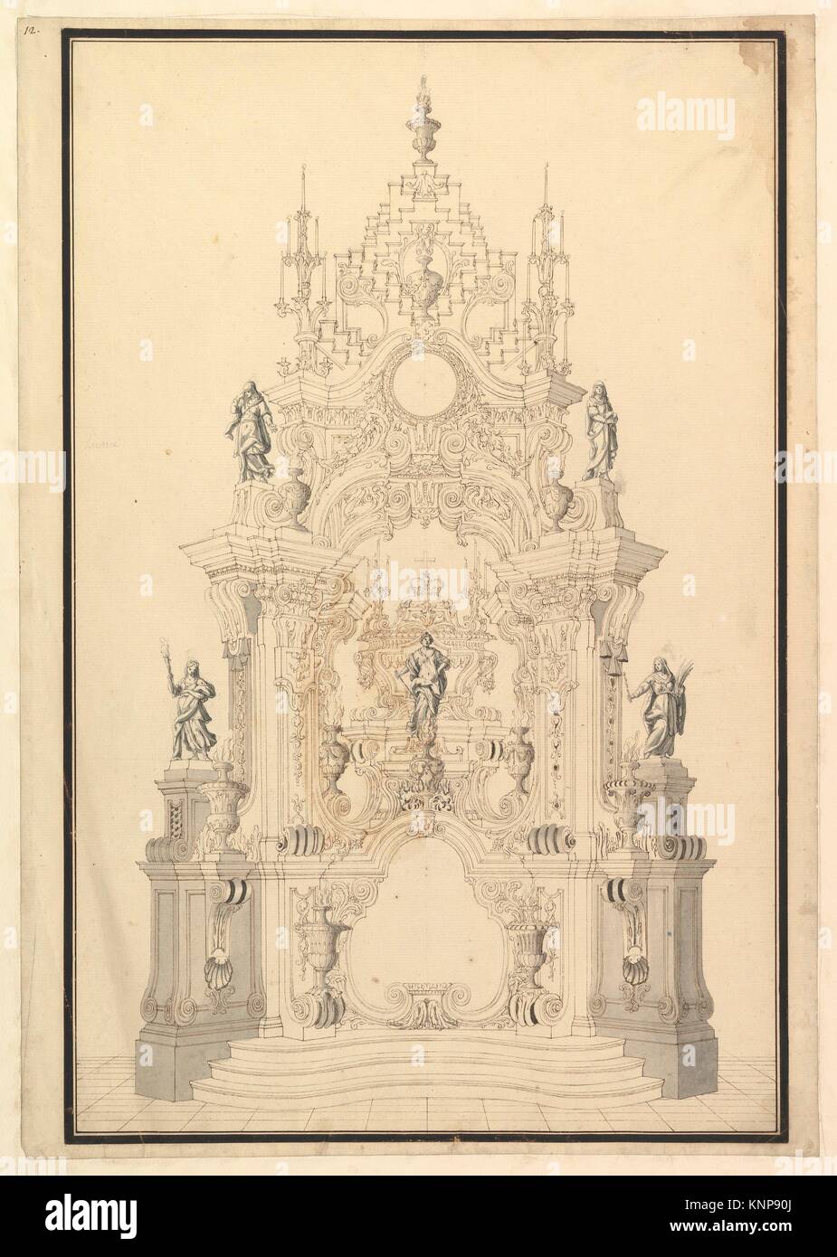 Elevation of a Catafalque with a royal Crown surmounting the Casket. Artist: Workshop of Giuseppe Galli Bibiena (Italian, Parma 1696-1756 Berlin); Stock Photo