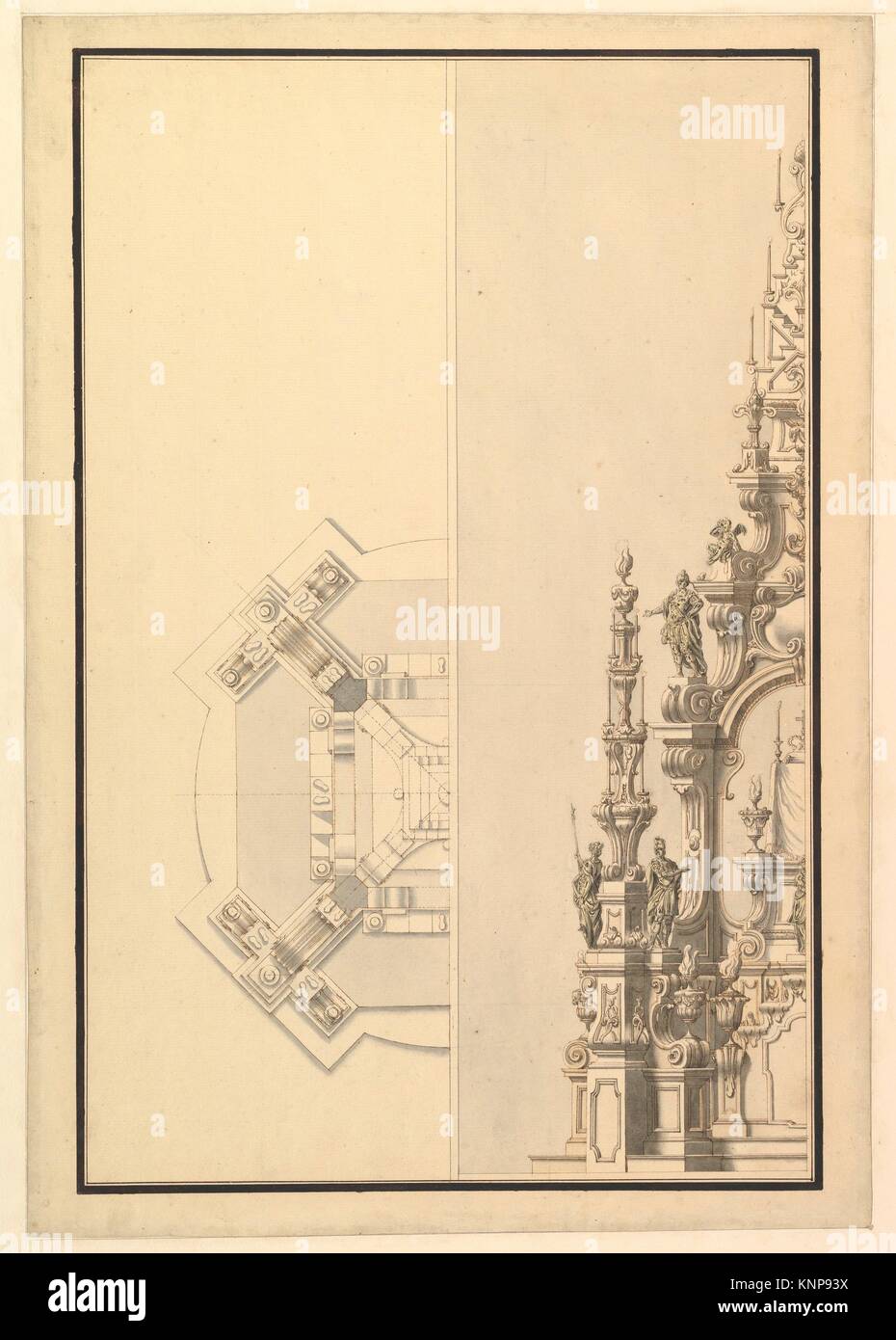 Half Plan and Half Elevation for a Catafalque with Royal Crown Surmounting the Casket. Artist: Workshop of Giuseppe Galli Bibiena (Italian, Parma Stock Photo