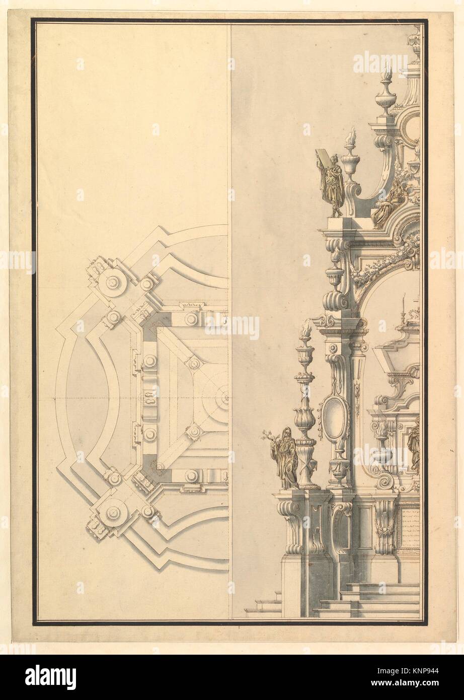 Half Ground Plan and Half Elevation for a Catafalque with Royal Crown Surmounting Casket. Artist: Workshop of Giuseppe Galli Bibiena (Italian, Parma Stock Photo