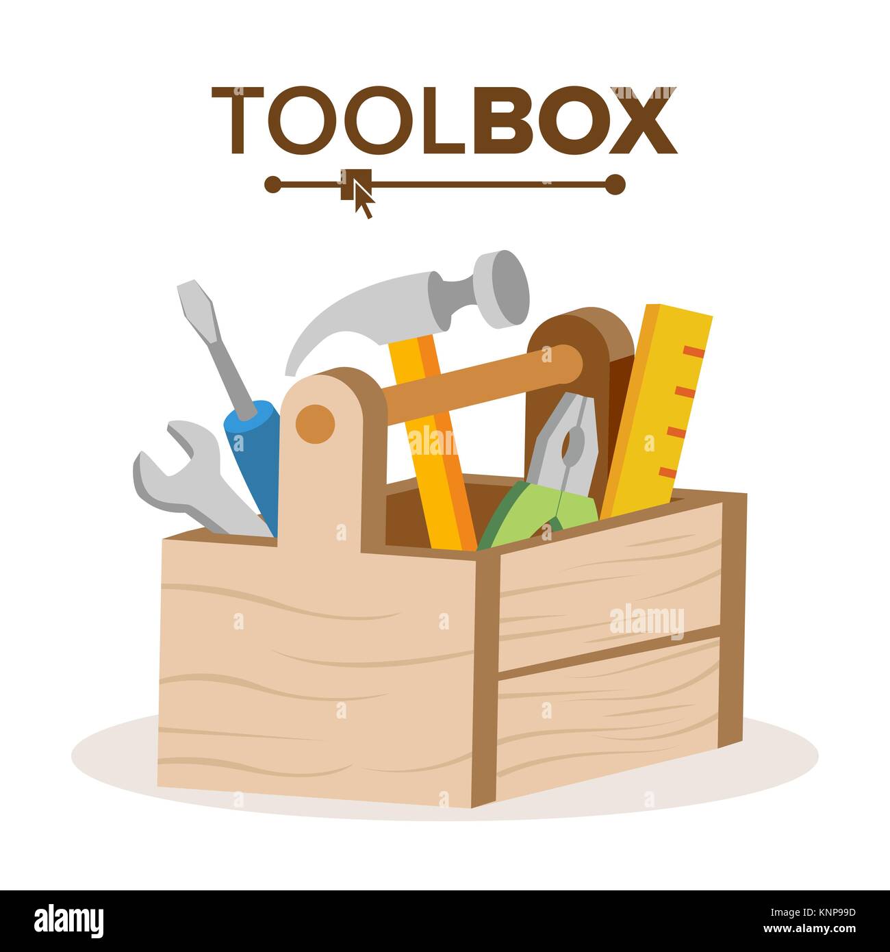 Wooden Classic Toolbox Vector. Full Of Equipment. Flat Cartoon Isolated