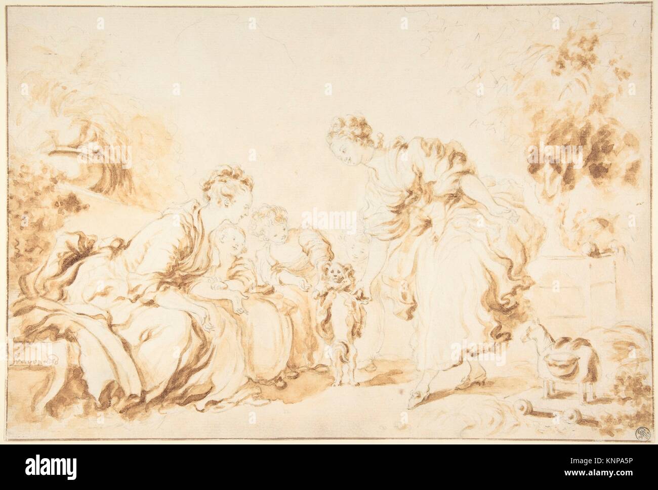 The Education of a Dog. Artist: After Jean Honoré Fragonard (French, Grasse 1732-1806 Paris); Date: n.d; Medium: Black chalk, brush and brown wash; Stock Photo