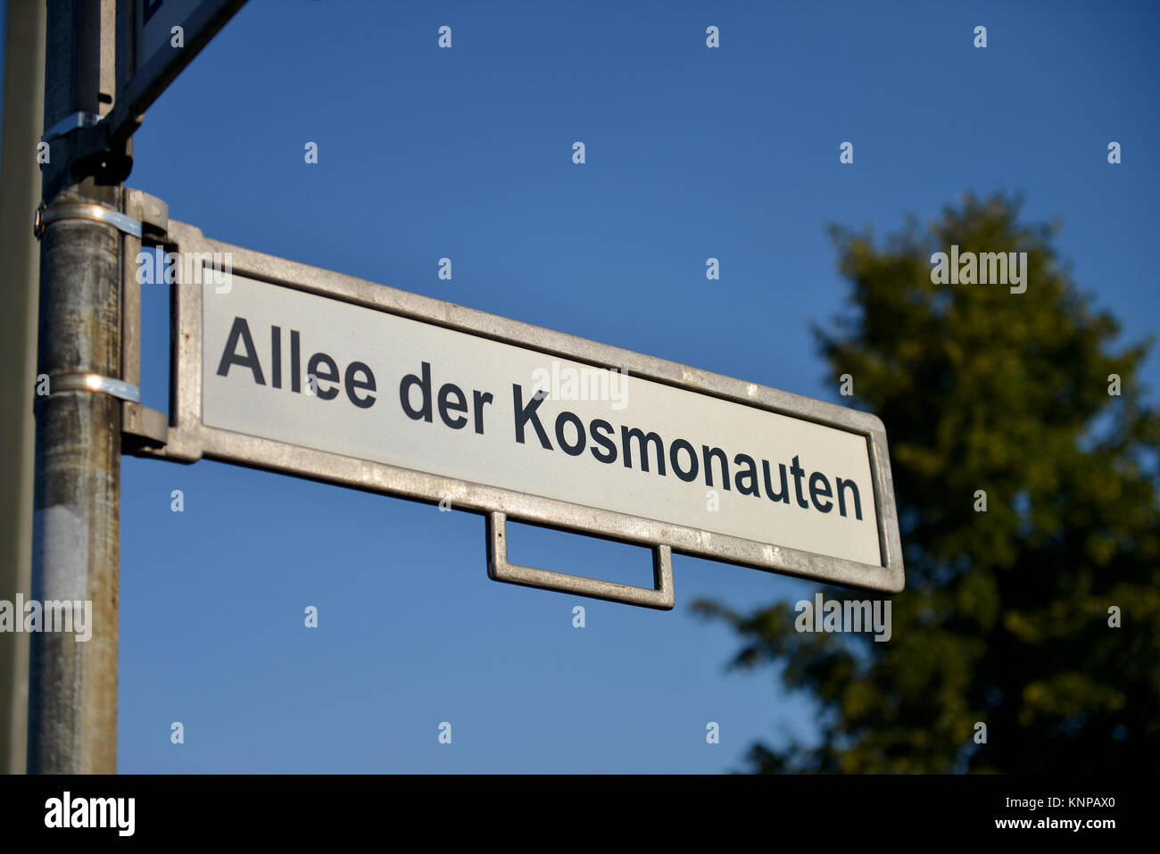 Street sign, avenue of the cosmonauts, Marzahn, Berlin, Germany, Strassenschild, Allee der Kosmonauten, Deutschland Stock Photo