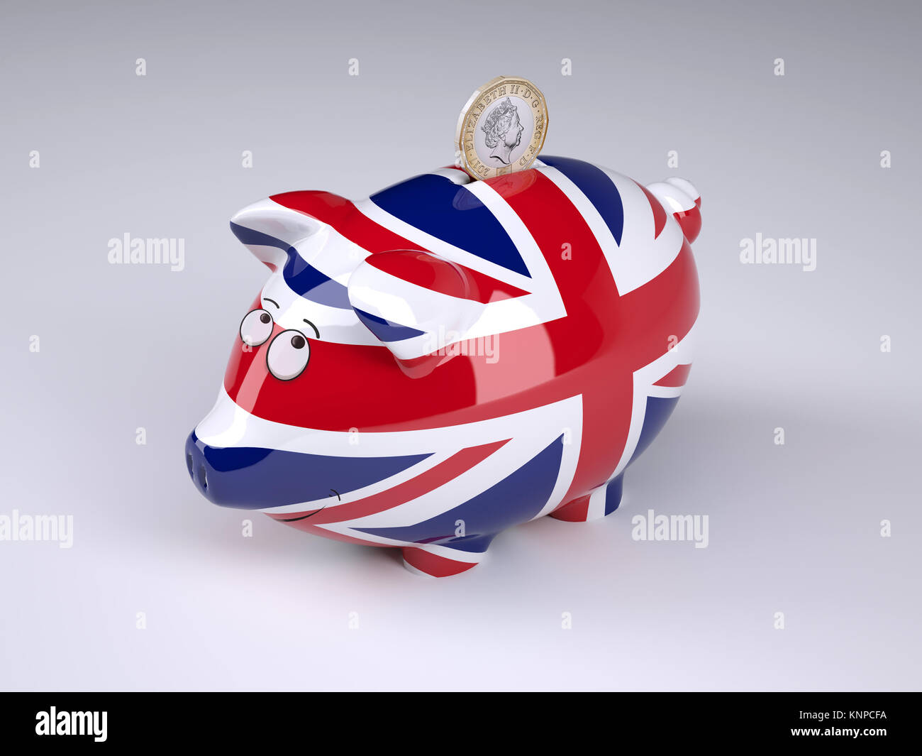 Piggy bank with English flag and sterling coin, 3D illustration Stock Photo
