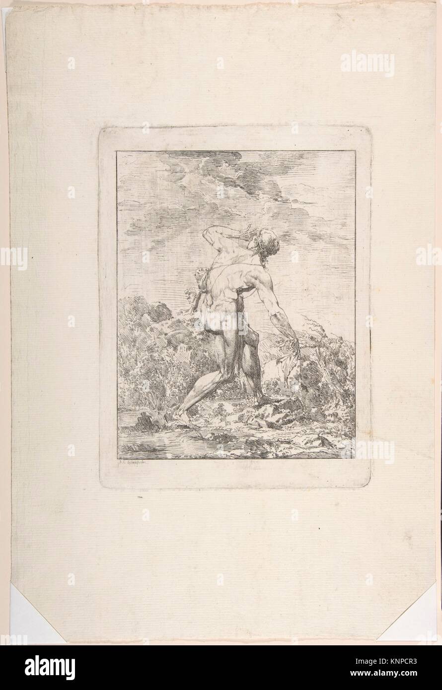 Milo of Croton. Artist: Philippe Auguste Hennequin (Lyon 1762-1833 Leuze, near Tournai); Date: n.d; Medium: Etching; Dimensions: image: 7 5/16 x 5 Stock Photo