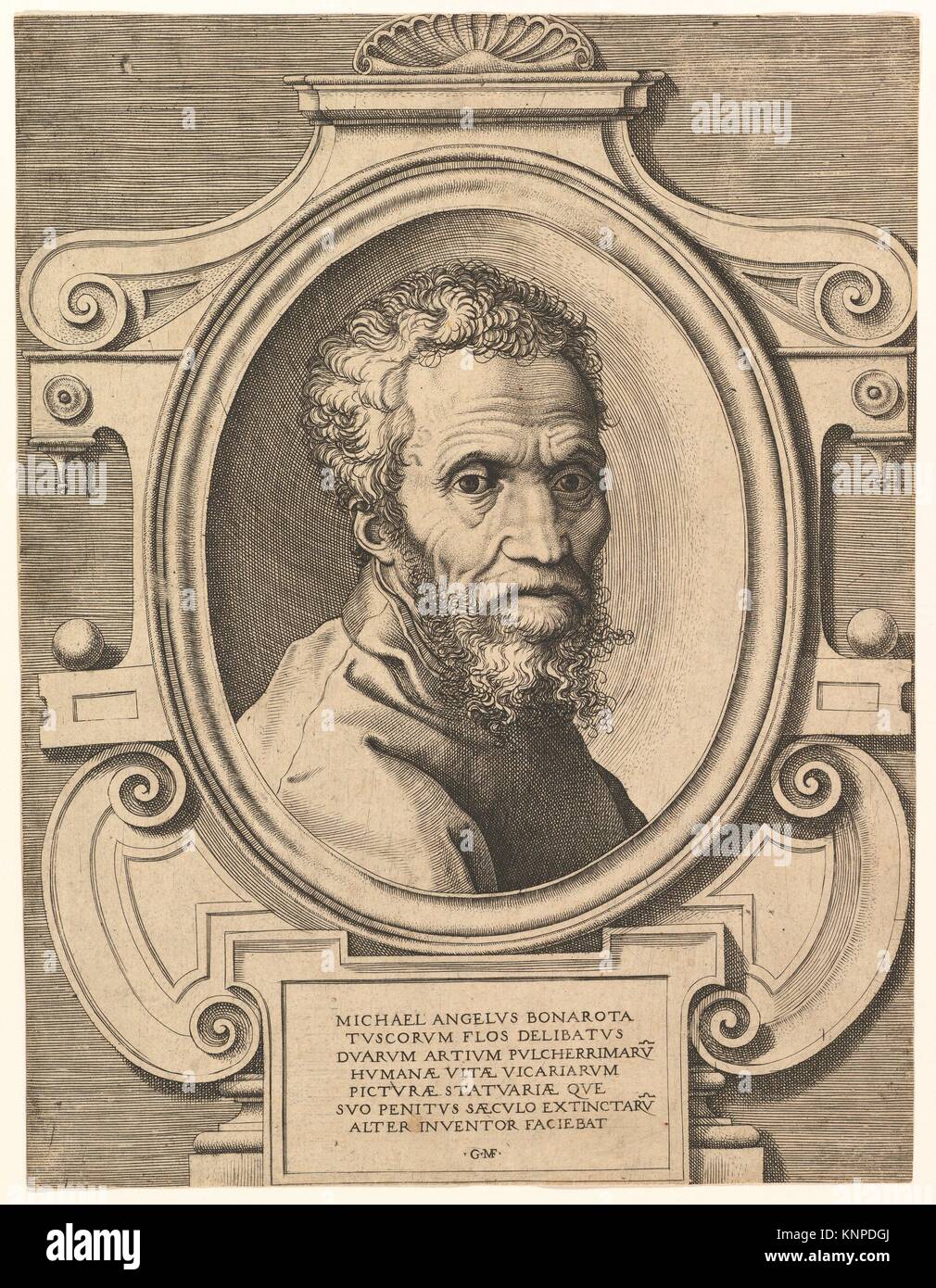 Portrait of Michelangelo. Artist: Engraved by Giorgio Ghisi (Italian, Mantua ca. 1520-1582 Mantua); Artist: After painting by Marcello Venusti Stock Photo