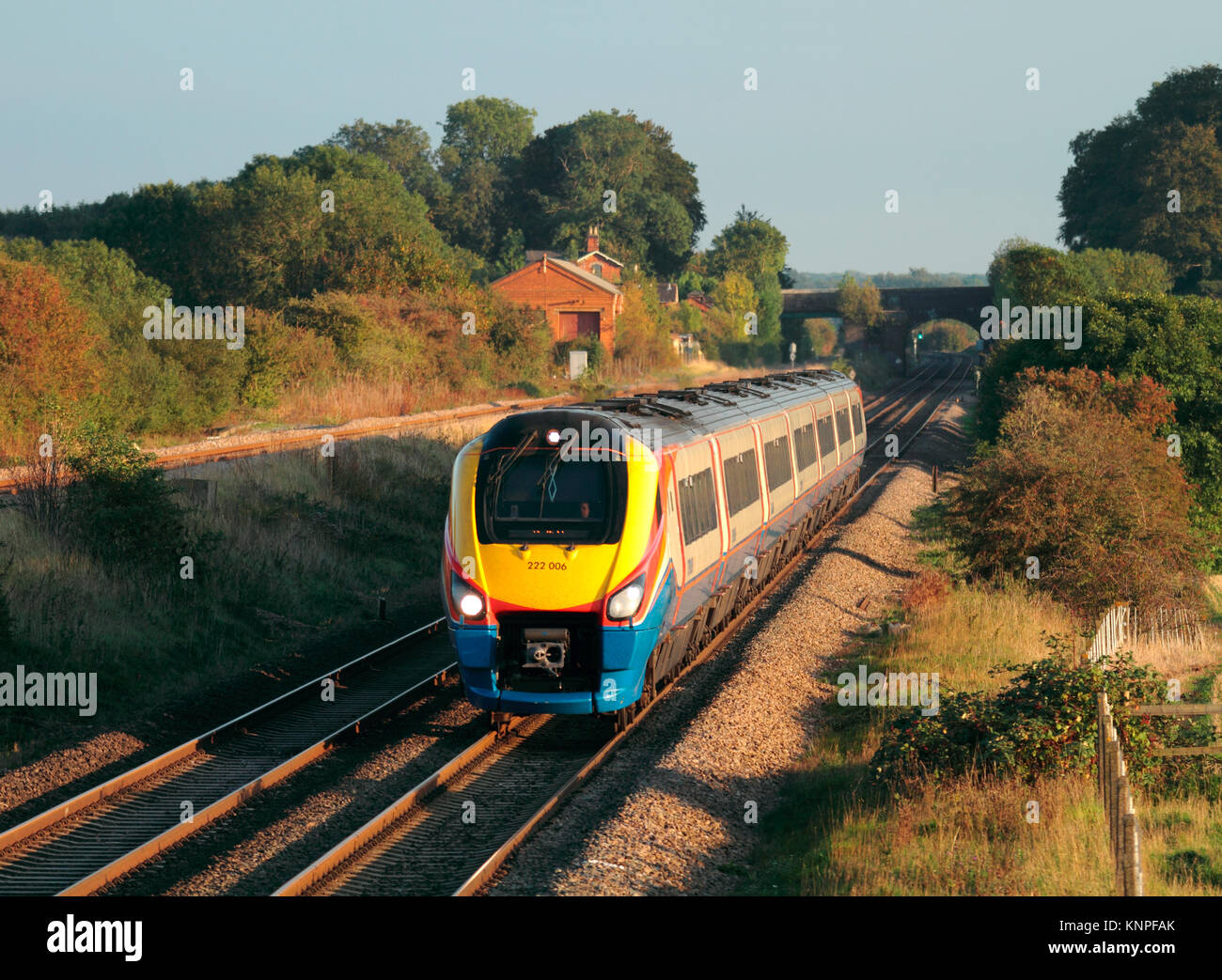 A class 222 Meridian diesel multiple unit working an East Midlands Trains service at Irchester.  A class 222 Meridian DMU number 222 006 of East Midla Stock Photo