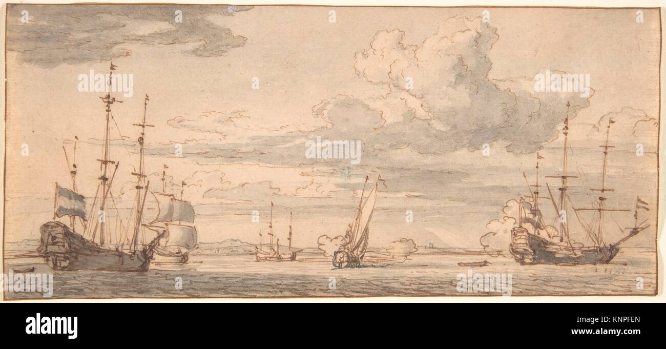 Dutch Ships in a Bay. Artist: Willem van de Velde II (Dutch, Leiden 1633-1707 London); Date: mid-17th-early 18th century; Medium: Pen and brown ink, Stock Photo