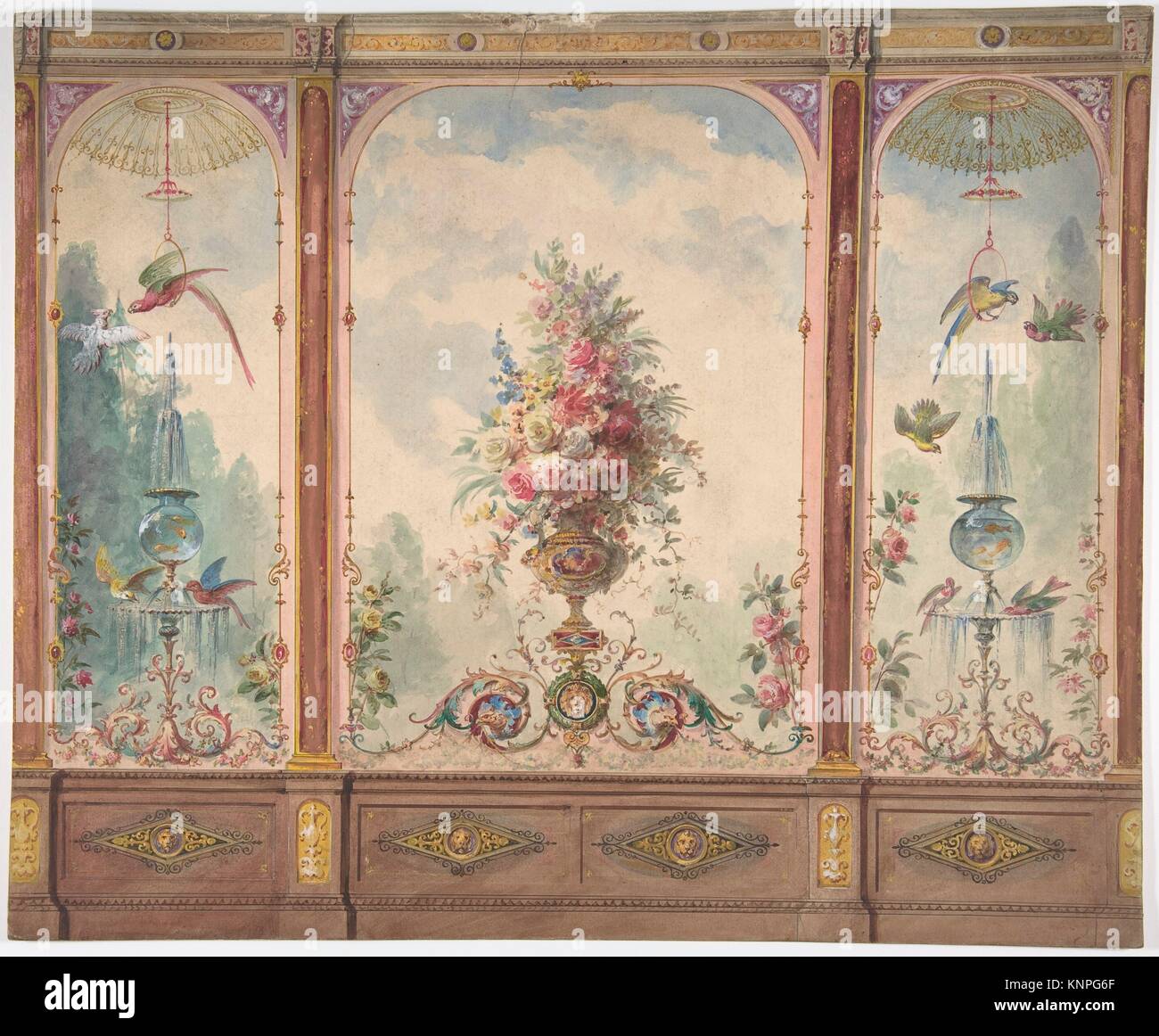 Design For A Wall With A Flower Vase Birds Two Gold Fish And