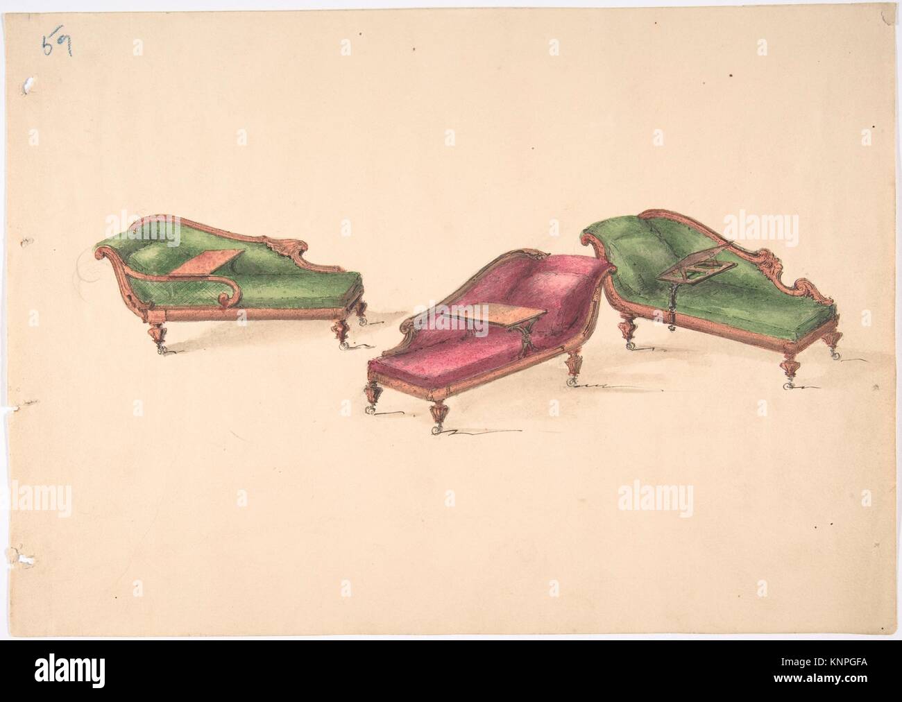 Design for Three Reclined Reading Sofas with Trays, on Casters
