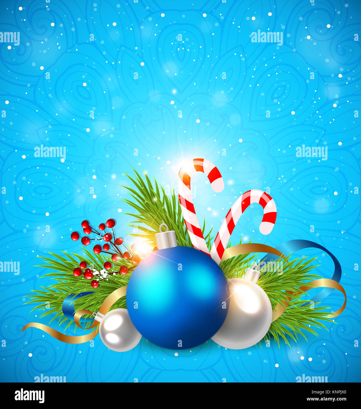 Christmas greeting card with green fir branch and decorations on a blue ...