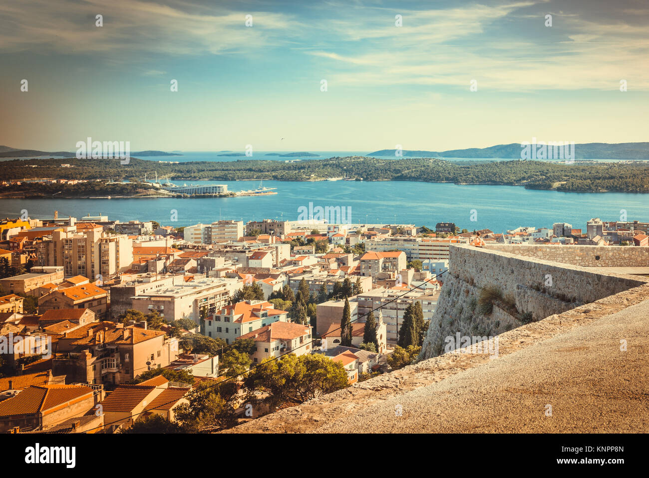 View of Sibenik town from Barone fortress with blue sky in Sibenik,Croatia. Stock Photo