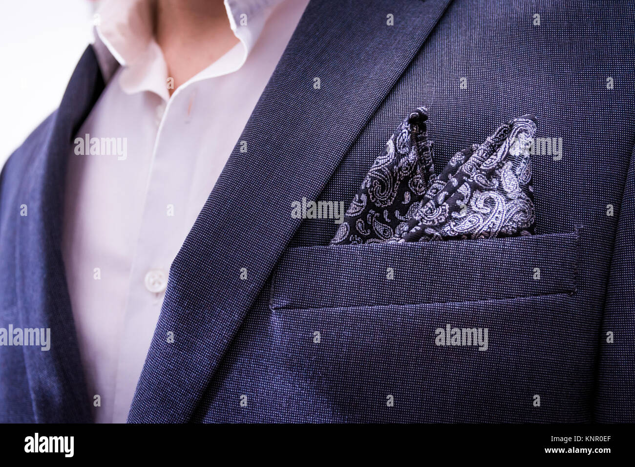 Man Wearing Suit Closeup Handkerchief Pocket Paisley Texture Tuxedo Professional Fashion Wear