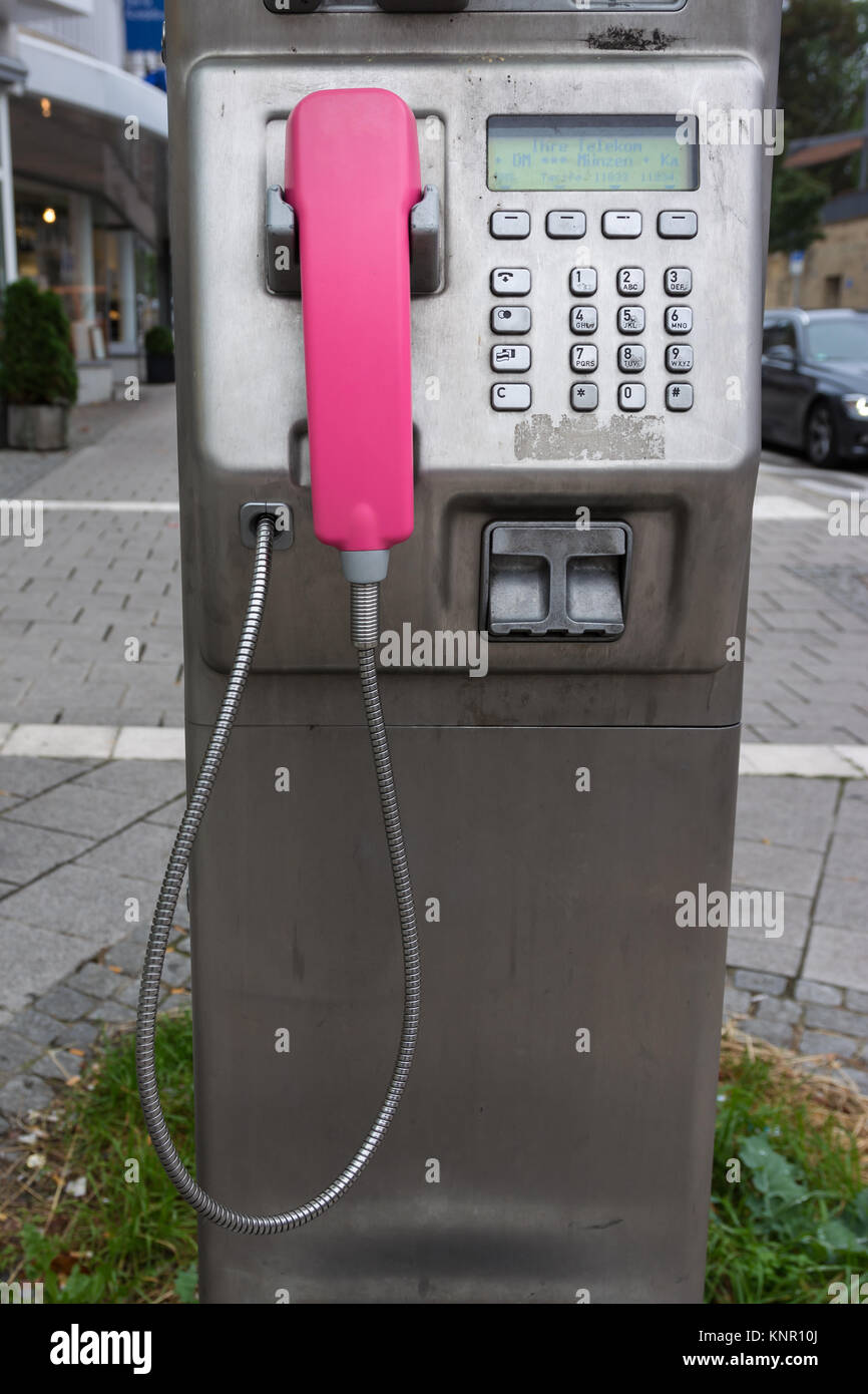 Street Public Pink Pay Phone Booth Metal Dial Pad Cord Stock Photo