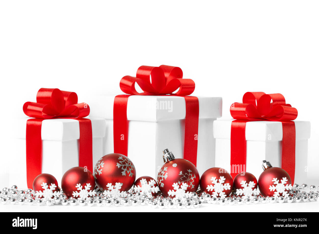 christmas gift with red balls bow isolated on white background Stock ...