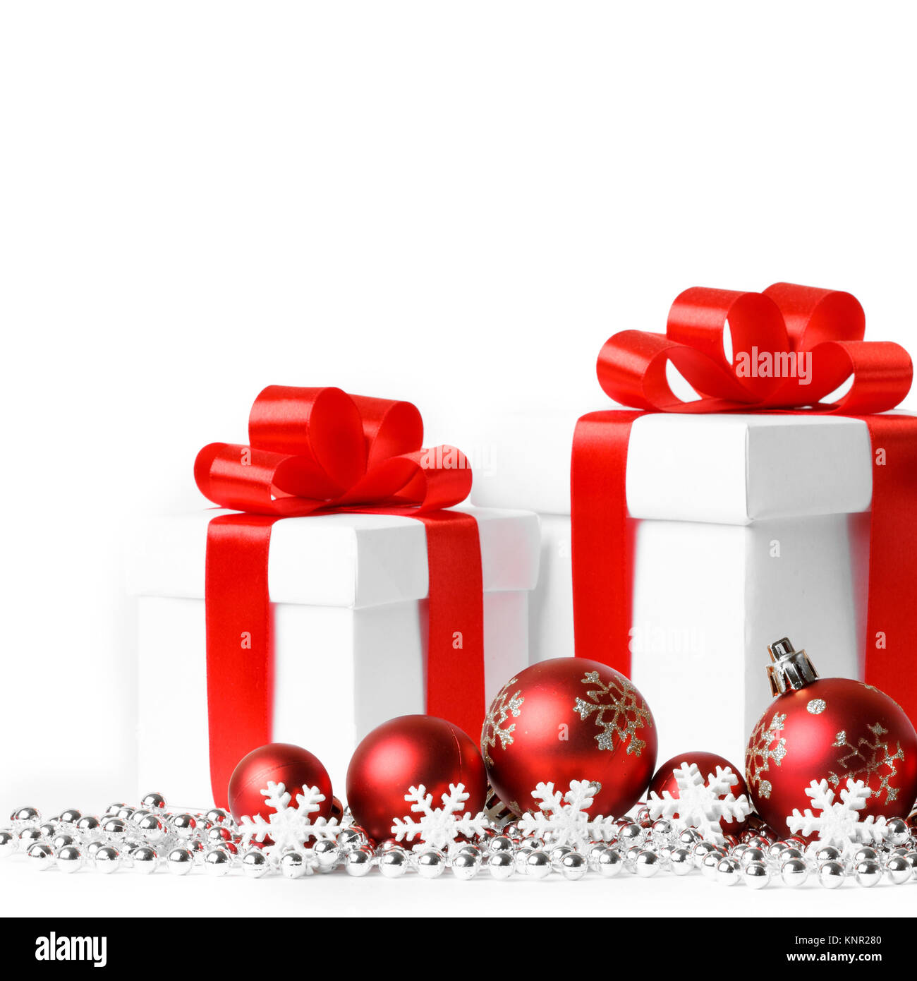 christmas gift with red balls bow isolated on white background Stock ...