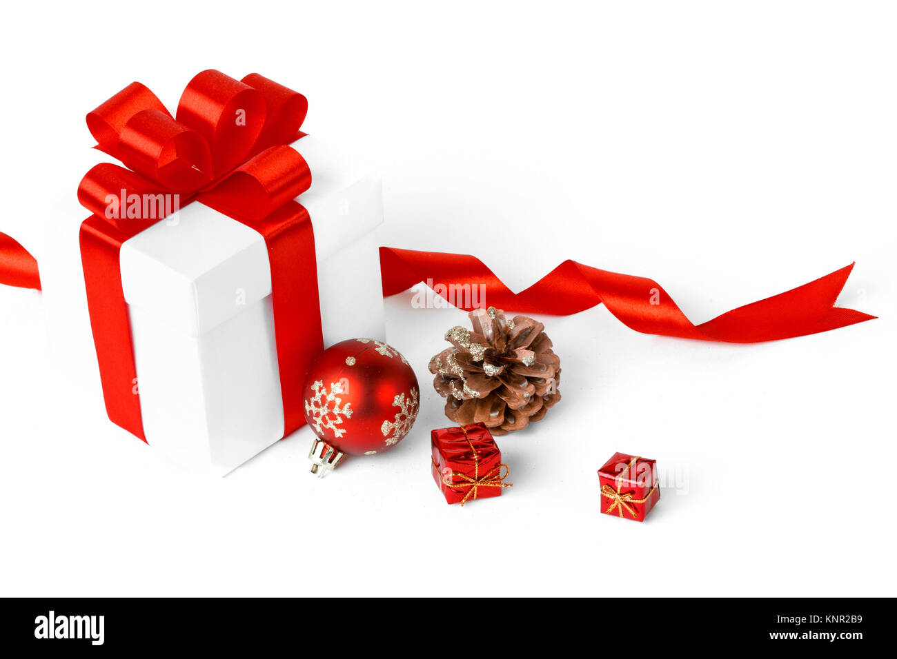 christmas gift with red balls bow isolated on white background Stock ...