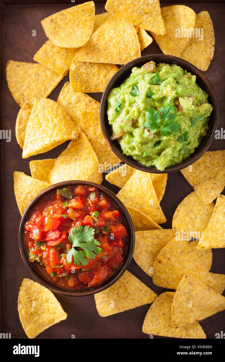 mexican guacamole and salsa dip, nachos tortilla chips Stock Photo Alamy