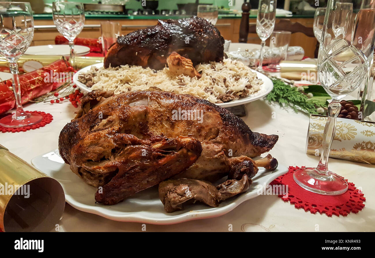 A traditional Christmas dinner of turkey and goose Stock Photo Alamy