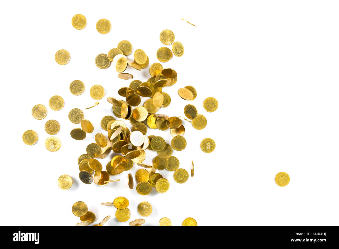 Top view of Falling gold coins money isolated on the white background ...