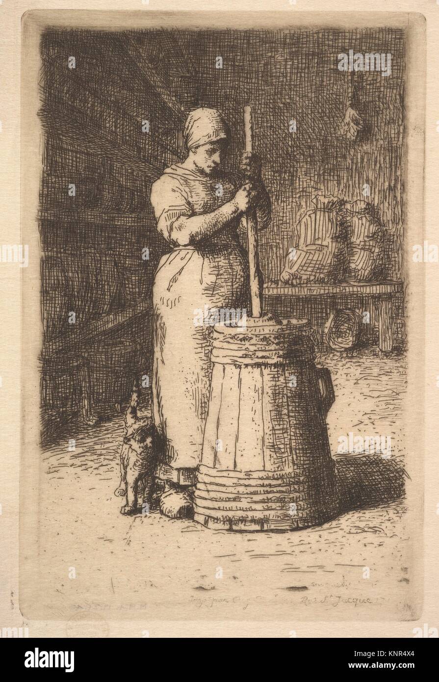 Woman Churning Butter. Artist: Jean-François Millet (French, Gruchy 1814-1875 Barbizon); Publisher: Published by Auguste Delâtre (French, Paris Stock Photo