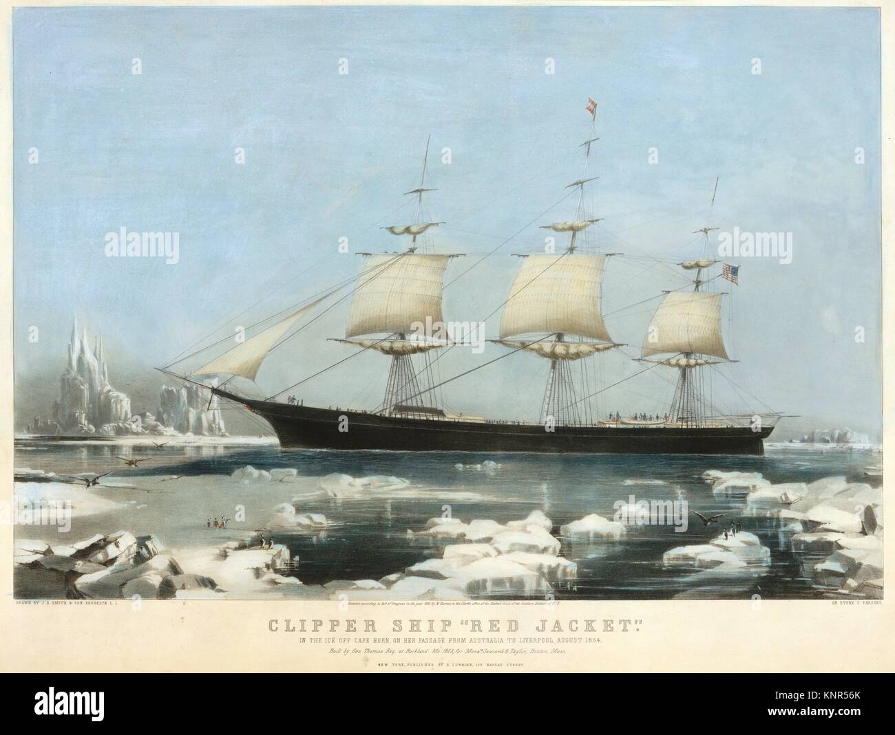 Clipper Ship Red Jacket - In the Ice off Cape Horn, on Her Passage from Australia, to Liverpool, August 1854. Publisher: Lithographed and published Stock Photo