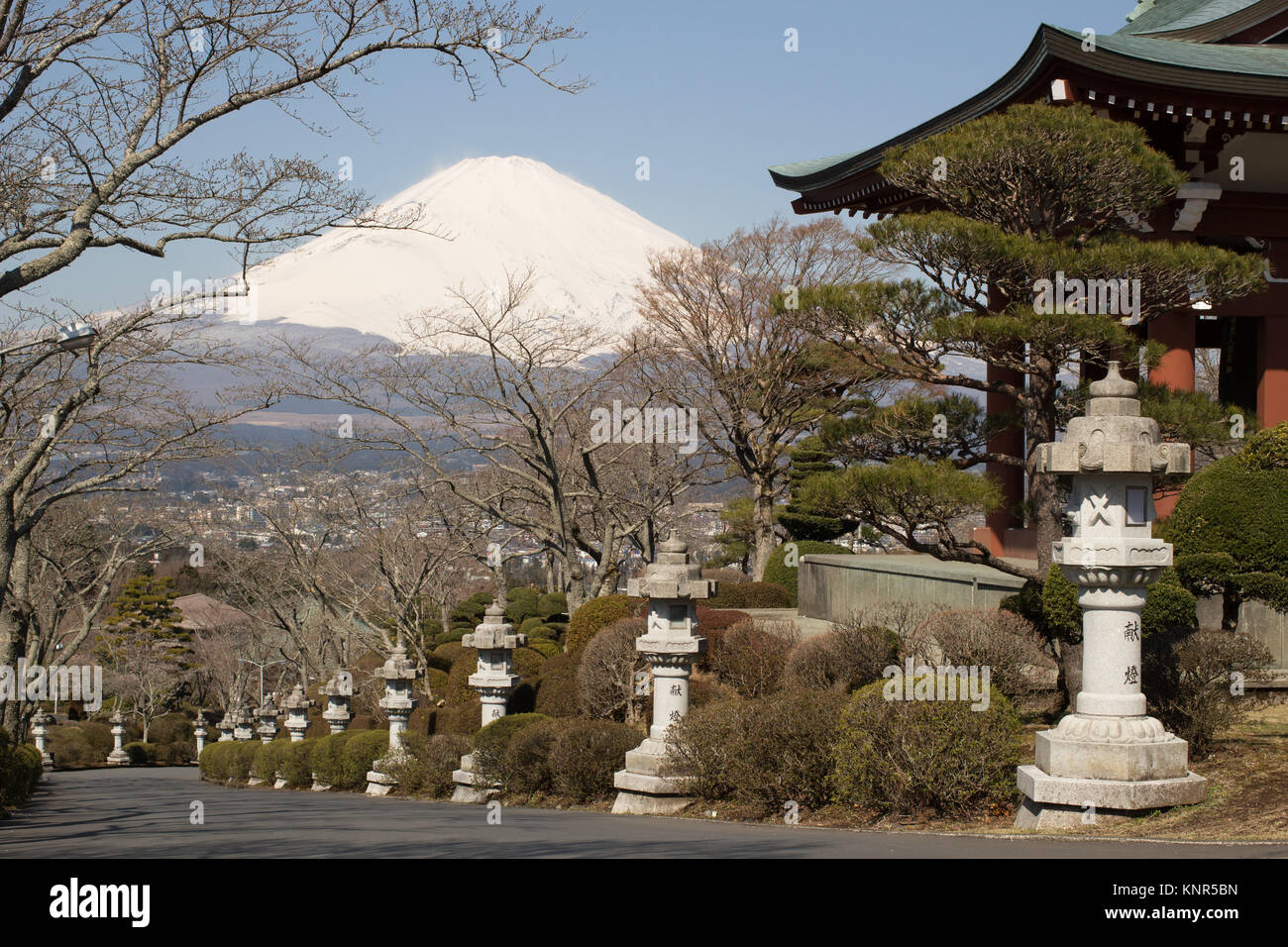 The Buddhist Temple situated in a peace garden on the outskirts of Gotenba which offers views of Mt Fuji Stock Photo